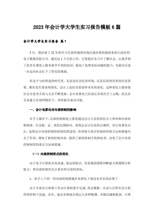 2023年会计学大学生实习报告模板6篇