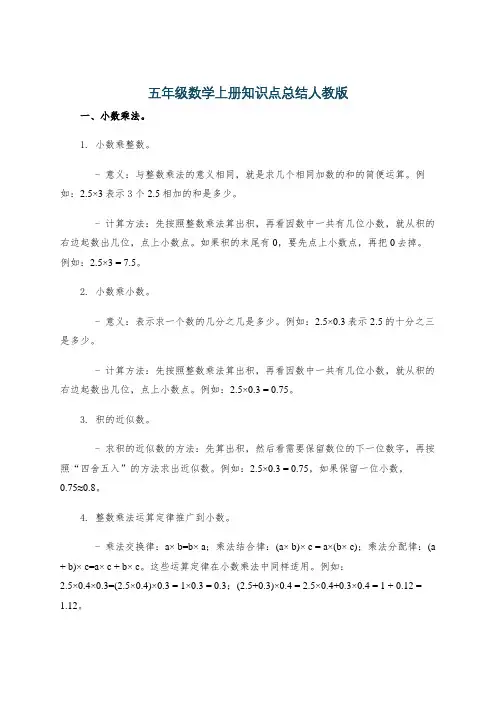 五年级数学上册知识点总结人教版