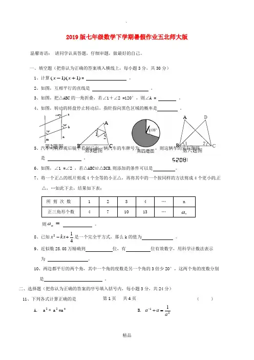 201x版七年级数学下学期暑假作业五北师大版