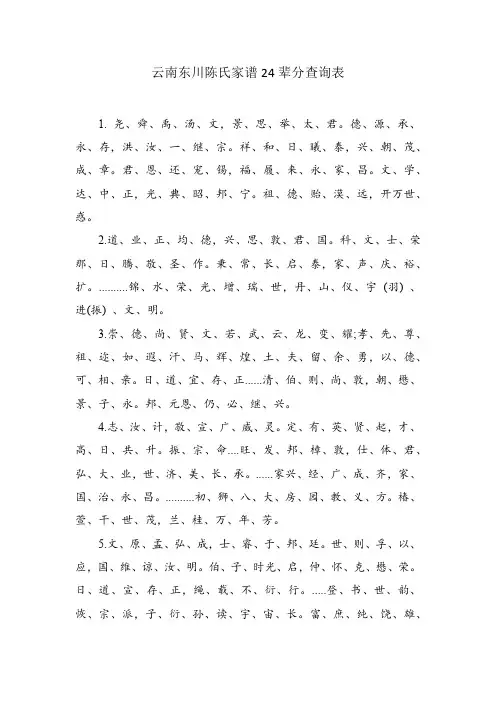 云南东川陈氏家谱24辈分查询表