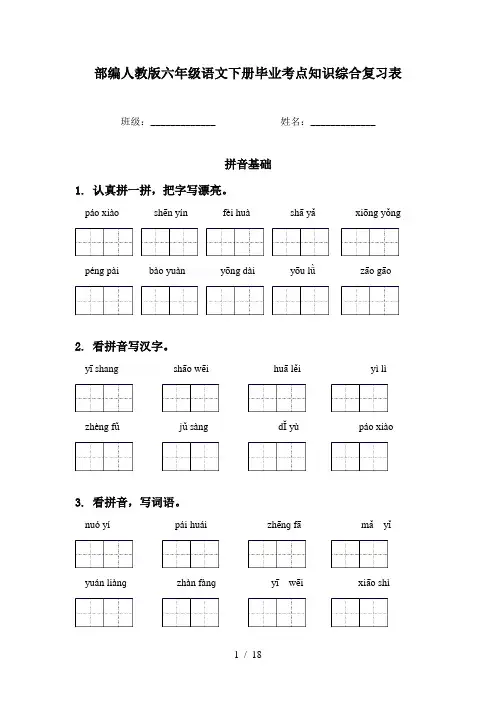 部编人教版六年级语文下册毕业考点知识综合复习表
