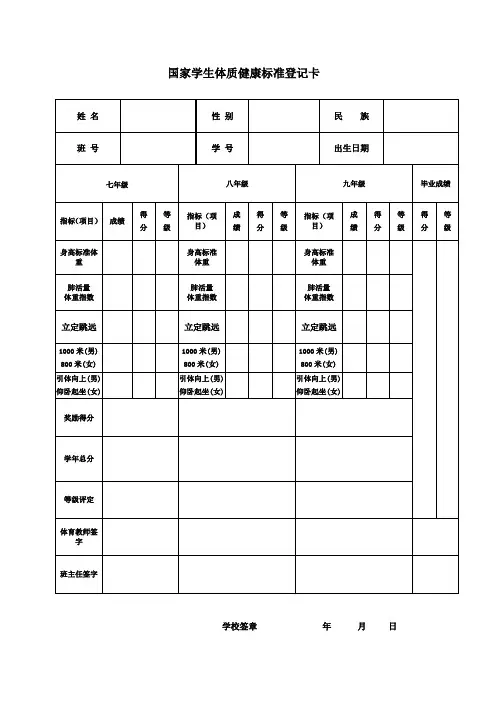 国家学生体质健康标准登记卡(初中样表)