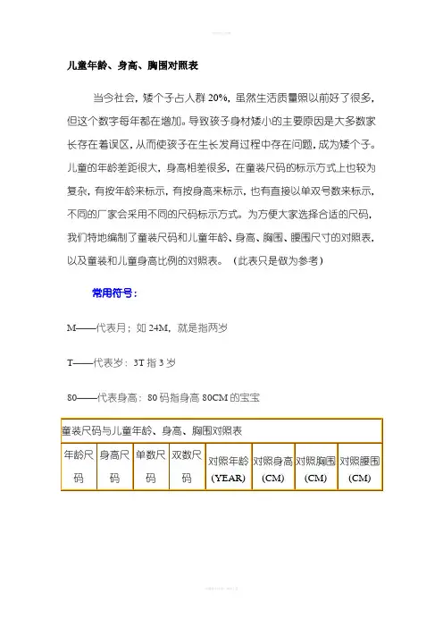 儿童年龄、身高、胸围对照表