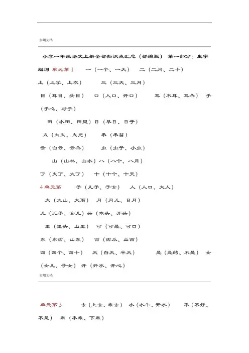 2018年小学一年级语文全部知识点汇总情况