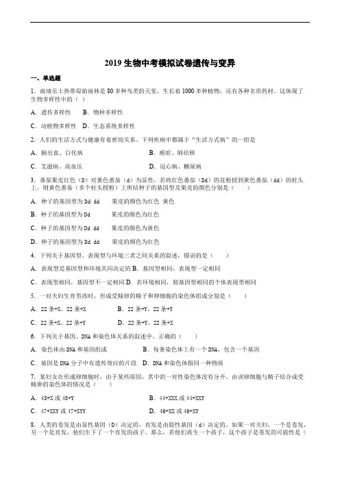 2019年湖南省湘潭市锰矿中学中考专题复习：遗传与变异 测试题