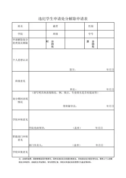 违纪学生申请处分解除申请表