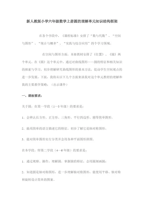 新人教版小学六年级数学上册圆的认识单元知识结构框架
