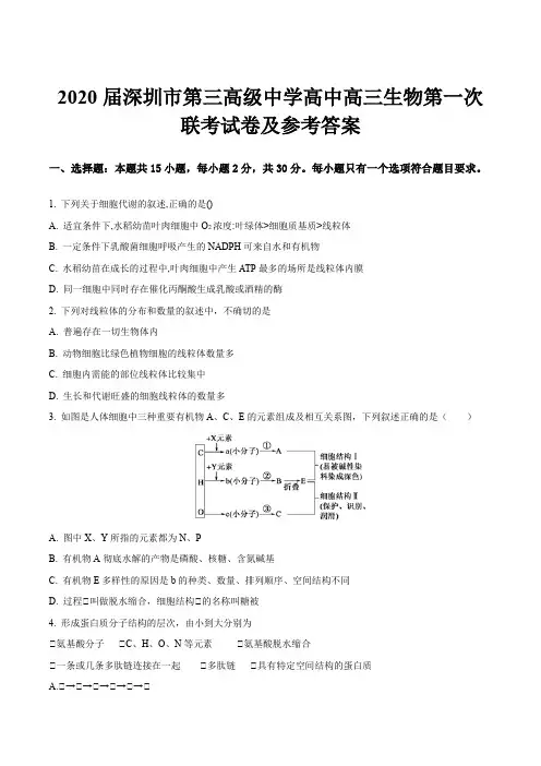2020届深圳市第三高级中学高中高三生物第一次联考试卷及参考答案