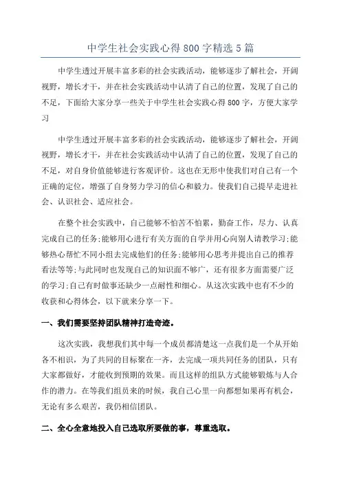 中学生社会实践心得800字精选5篇