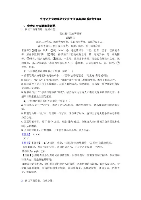 中考语文诗歌鉴赏+文言文阅读真题汇编(含答案)