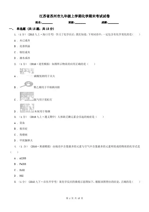 江苏省苏州市九年级上学期化学期末考试试卷