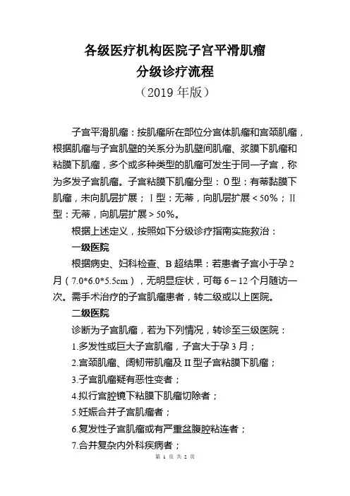 各级医疗机构医院子宫平滑肌瘤分级诊疗流程(2019年版)