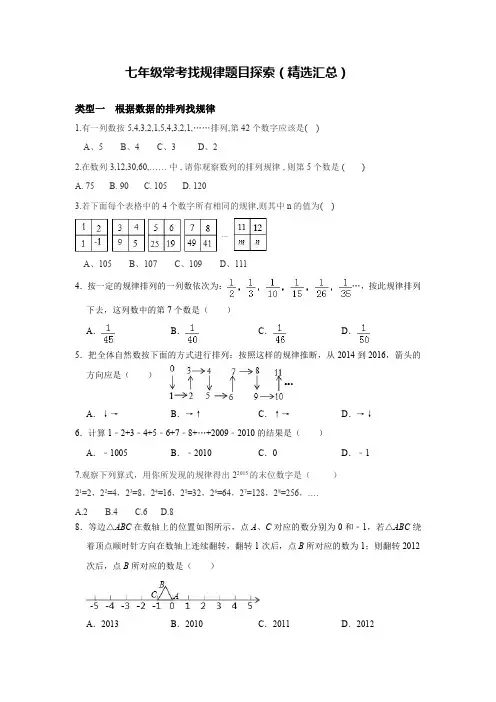 七年级初一常考找规律题目探索(精选汇总)