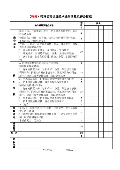 (轮椅)转移活动训练技术操作质量及评分标准