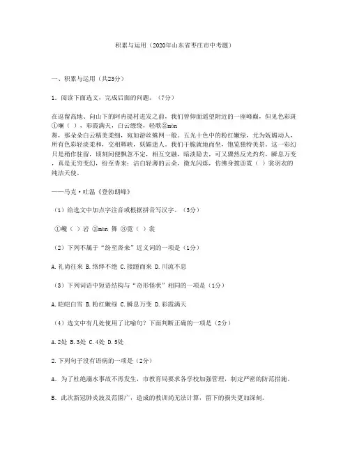 积累与运用(2020年山东省枣庄市中考题)