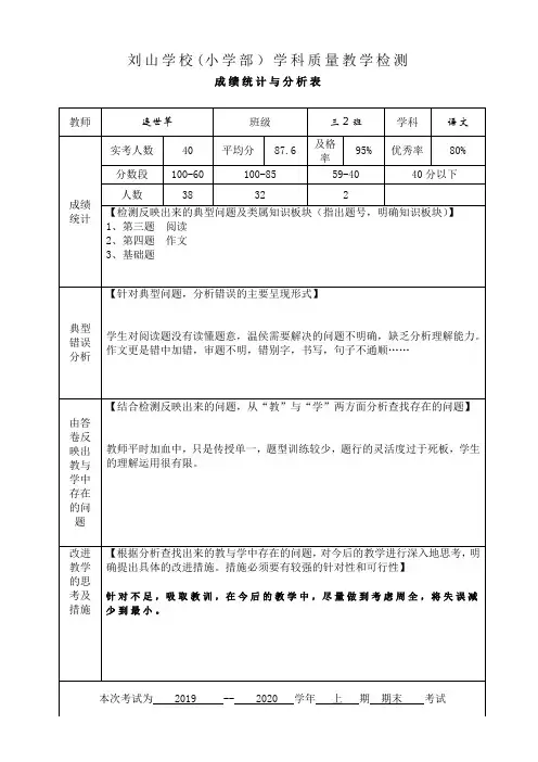 2019年下期小学部期末三2班语文质量分析表