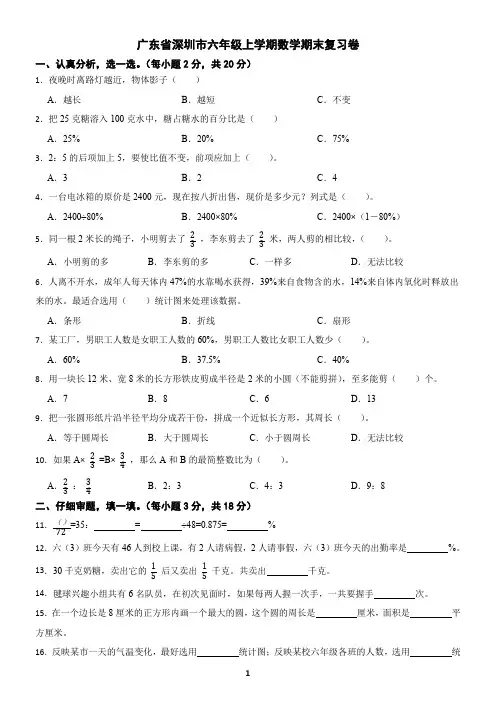 广东省深圳市龙华区2019-2020学年六年级上学期数学期末复习卷