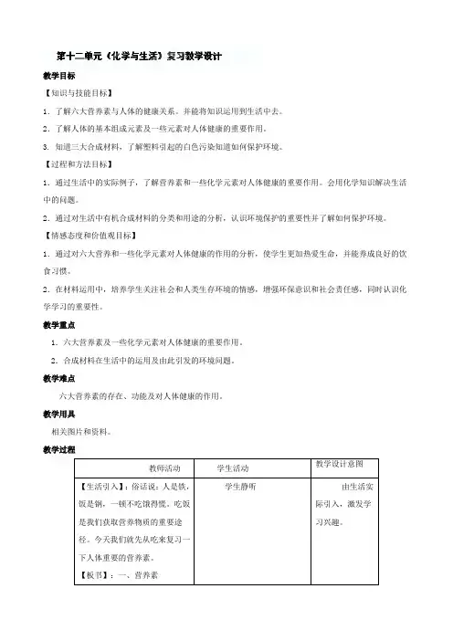 人教版九年级化学下册《第十二单元-化学与生活》教学设计