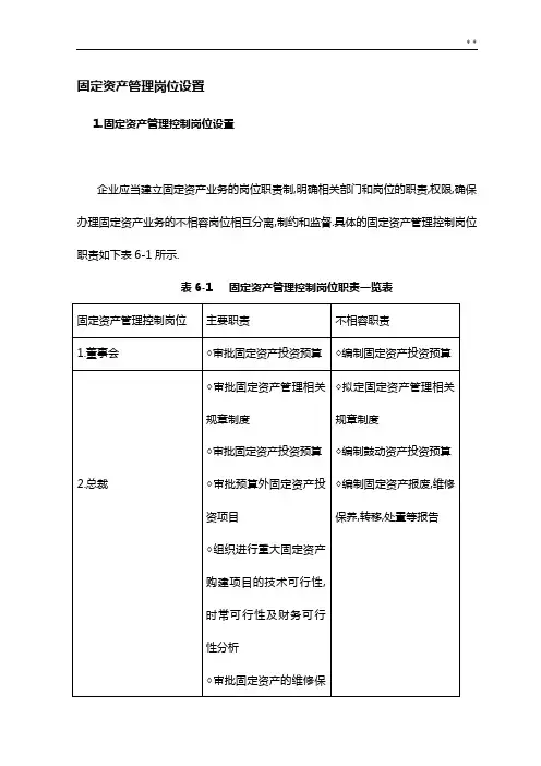 固定资产管理组织岗位设置