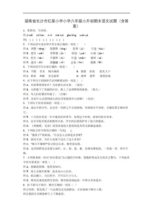 湖南省长沙市红星小学小学六年级小升初期末语文试题(含答案)