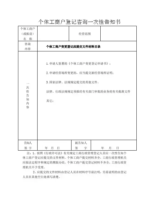 个体工商户登记咨询一次性告知书
