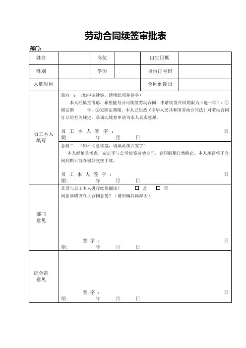 劳动合同续签审批表word