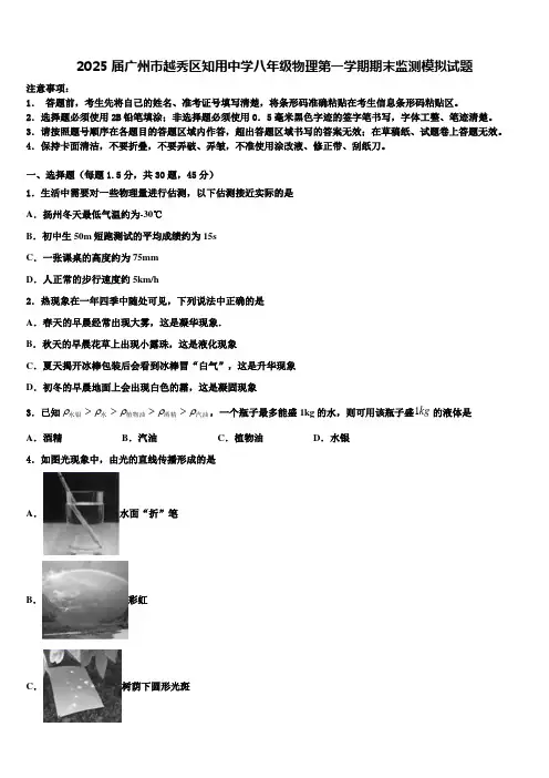 2025届广州市越秀区知用中学八年级物理第一学期期末监测模拟试题含解析