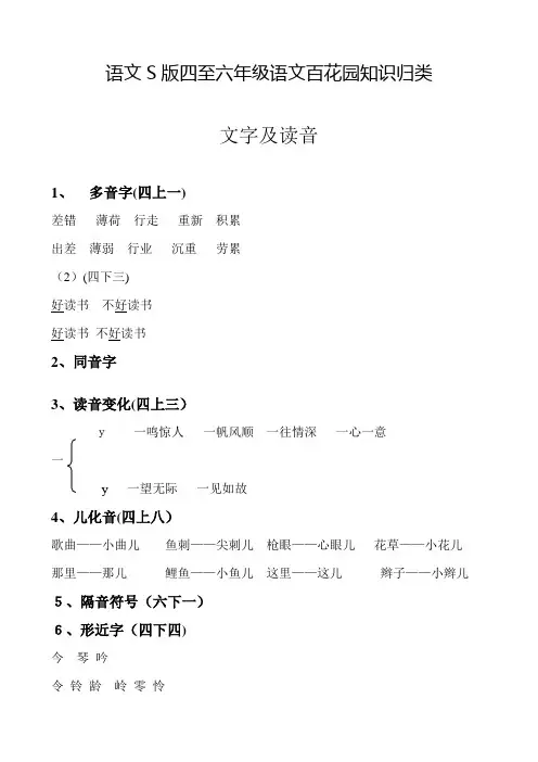 「语文S版四至六年级语文百花园知识归类」
