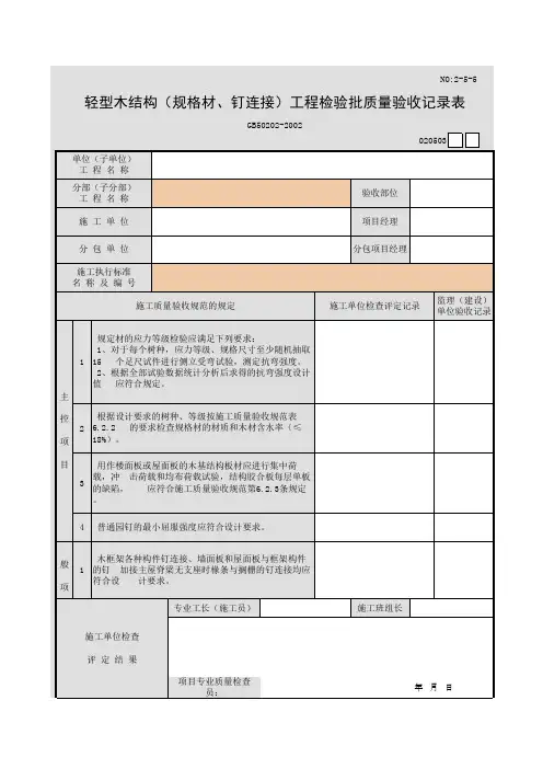 轻型木结构(规格材、钉连接)工程检验批质量验收记录表