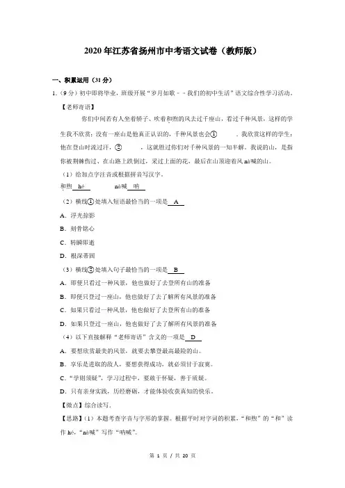 2020年江苏省扬州市中考语文试卷(答案解析)