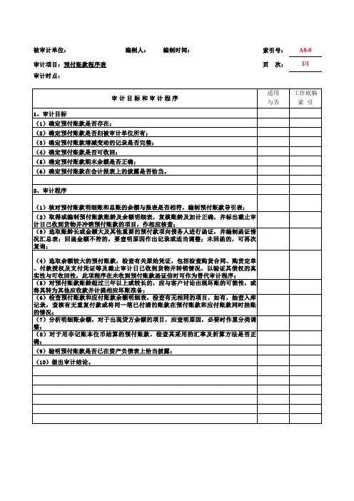 预付账款电子版审计底稿