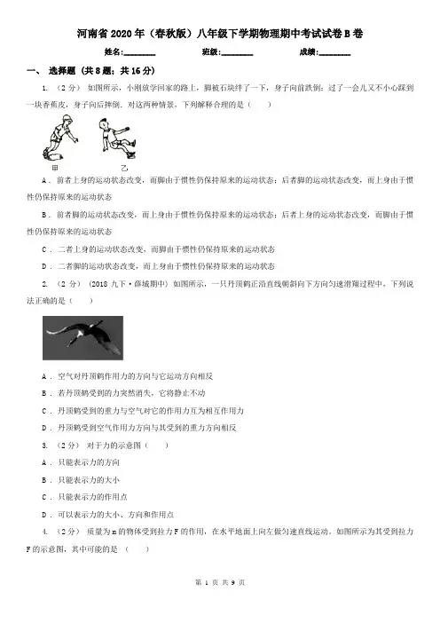 河南省2020年(春秋版)八年级下学期物理期中考试试卷B卷