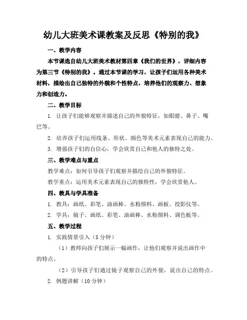 幼儿大班美术课教案及反思《特别的我》