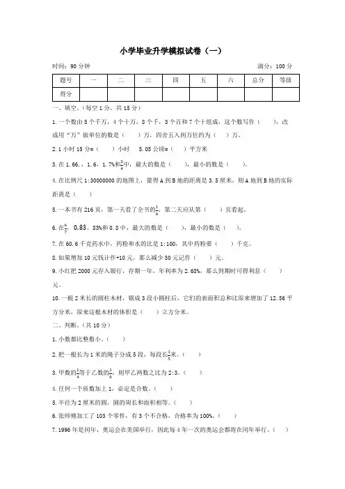 六年级数学升中考试题-小学毕业升学模拟试卷一(人教版,含答案)