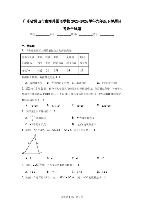 广东省佛山市南海外国语学校2023-2024学年九年级下学期月考数学试题