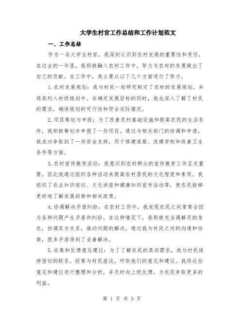 大学生村官工作总结和工作计划范文