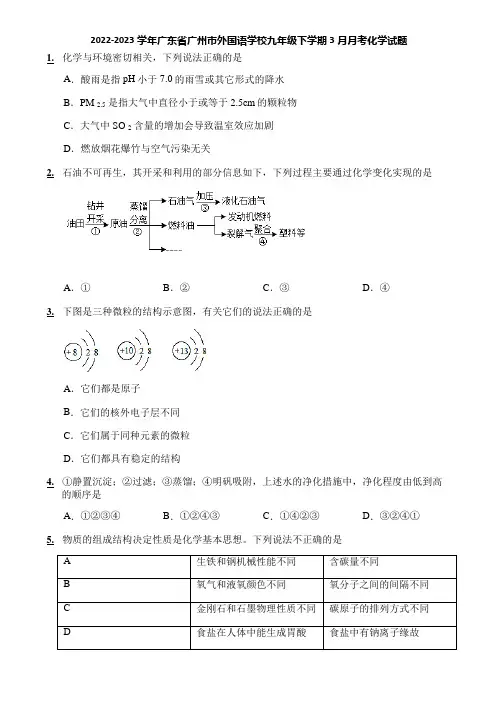 2022-2023学年广东省广州市外国语学校九年级下学期3月月考化学试题