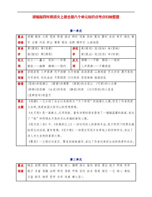 部编版四年级语文上册全册八个单元知识点考点归纳整理