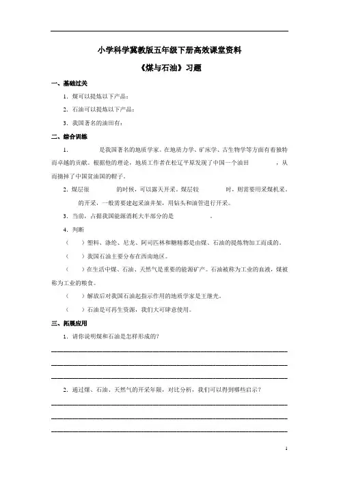 小学科学冀教版五年级下册高效课堂资料《煤与石油》习题