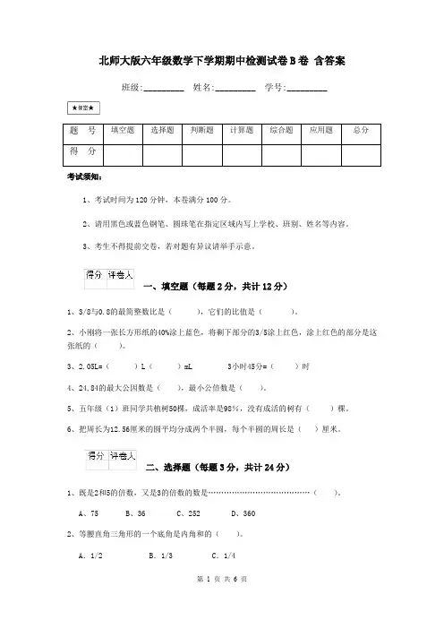 北师大版六年级数学下学期期中检测试卷B卷 含答案