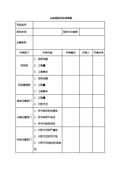 分包招标文件评审表