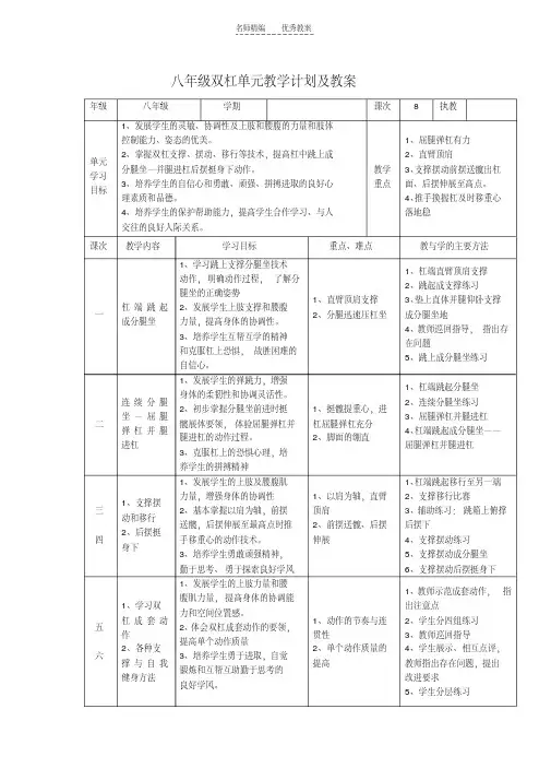 最新初二年级双杠单元教学计划及教案