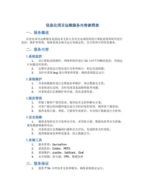 信息化项目运维服务内容参照表