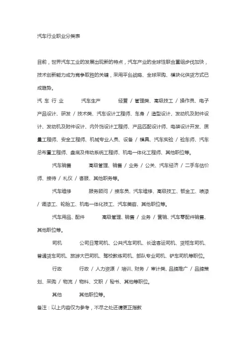 汽车行业职业分类表