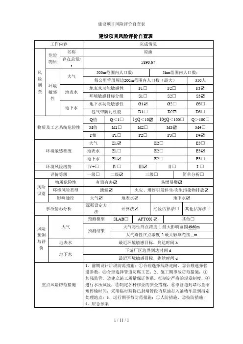 建设项目风险评价自查表