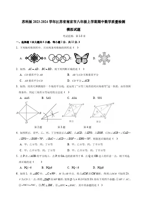苏科版2023-2024学年江苏省南京市八年级上册期中数学学情检测模拟试题(含答案)