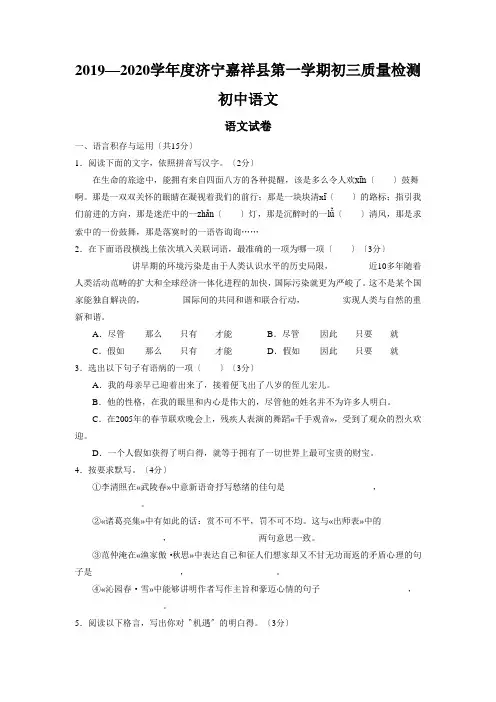 2019—2020学年度济宁嘉祥县第一学期初三质量检测初中语文