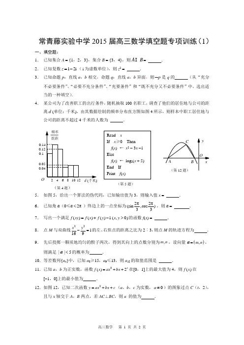 常青藤实验中学2015届高三数学填空题专项训练(1)(学生版)