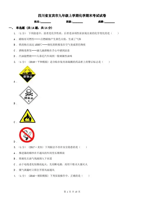 四川省宜宾市九年级上学期化学期末考试试卷