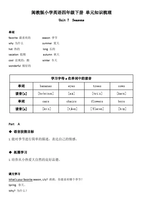 闽教版小学英语四年级下册Unit 7 单元知识梳理